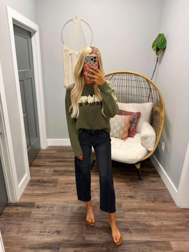 OLIVE COUNTING SHEEP SWEATER TOP