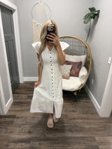 KRISTA WHITE BUTTON FRONT MIDI DRESS