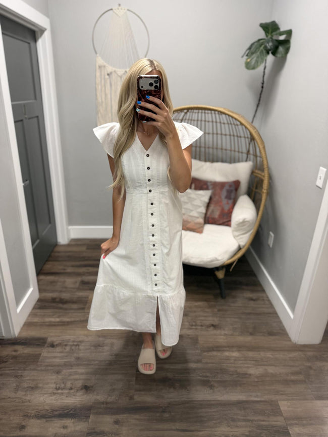 KRISTA WHITE BUTTON FRONT MIDI DRESS
