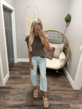 LYLA COCO ACID WASH BUTTON BACK KNIT SHORT SLEEVE SWEATER TOP
