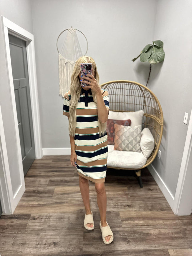 KORI NAVY MULTI STRIPE POLO MIDI DRESS