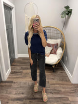 HAVEN NAVY STITCH DETAIL KNIT SHORT SLEEVE TOP