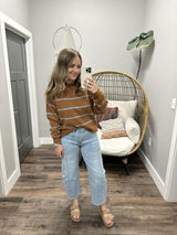 TRISA CAMEL AND BLUE STRIPE SWEATER TOP