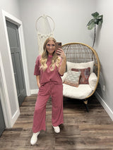 KATIE PINK/BROWN STRIPE SHORT SLEEVE 2 PIECE SET