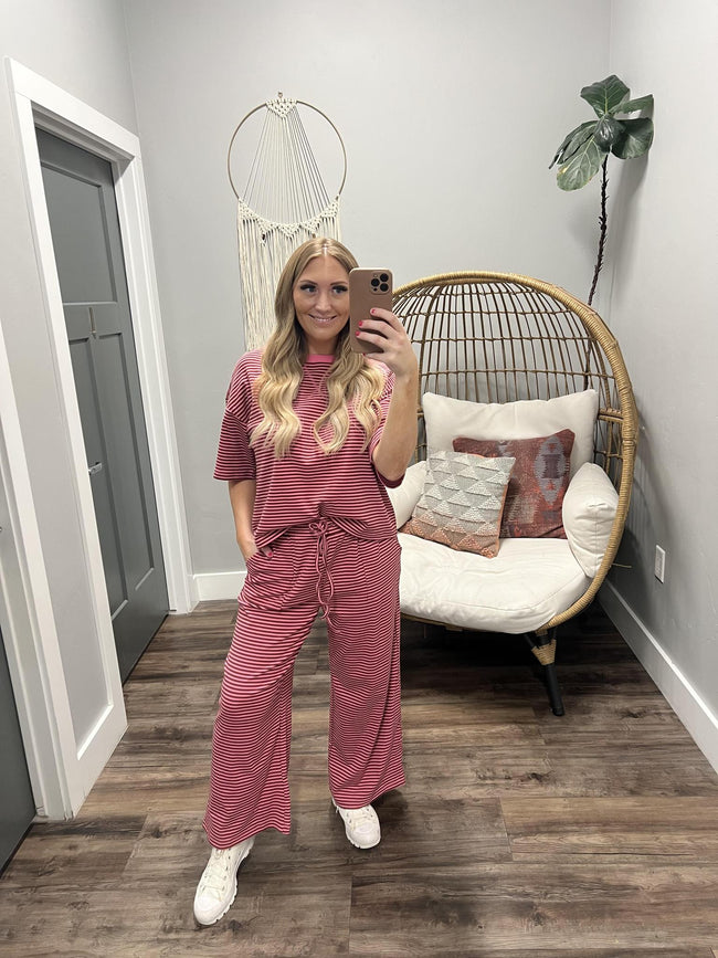KATIE PINK/BROWN STRIPE SHORT SLEEVE 2 PIECE SET