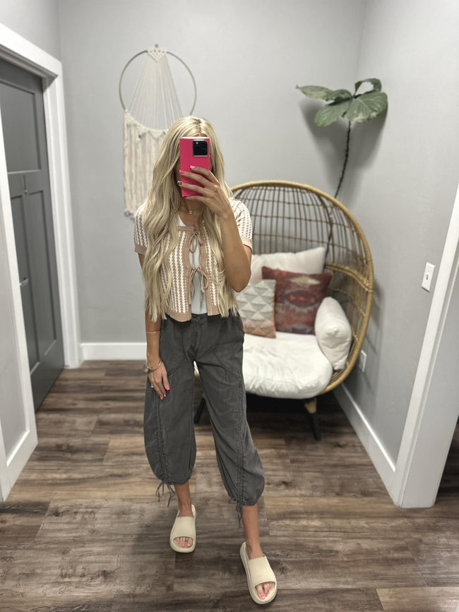 ASHLYNN TAUPE PATTERNED TIE FRONT CARDIGAN TOP