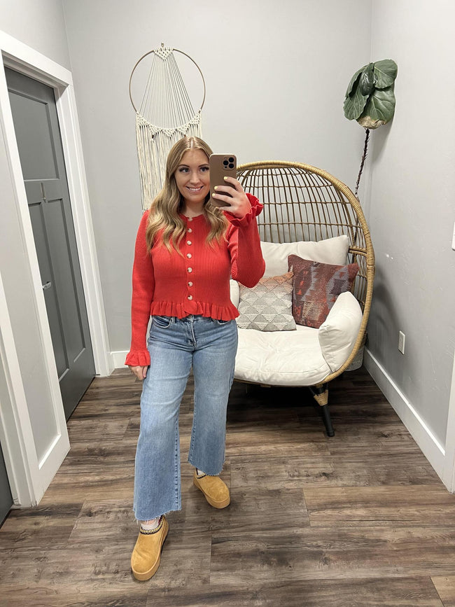 ELLIE RED RUFFLE DETAIL CARDIGAN TOP