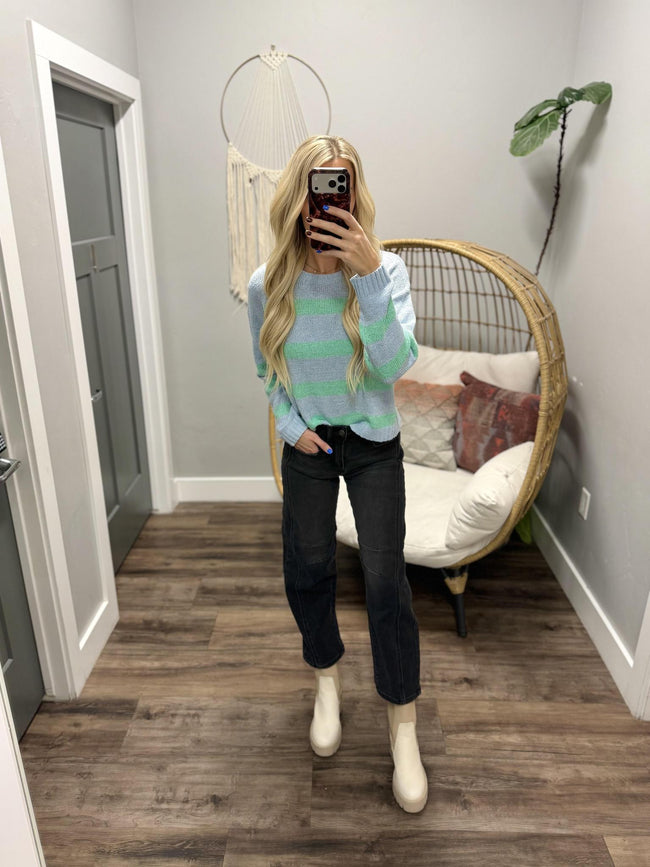 CANDACE SKY BLUE MINT STRIPE SWEATER TOP