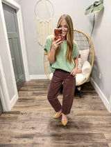 JASMINE SAGE GREEN SHORT SLEEVE SWEATER TOP