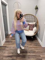 TARA BLUE AND PEACH STRIPE SWEATER TOP