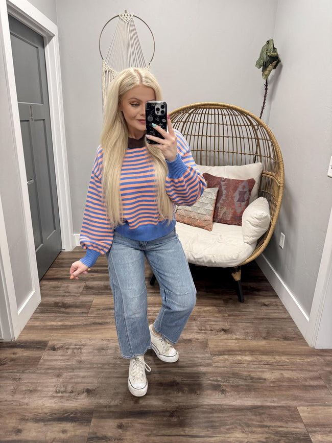 TARA BLUE AND PEACH STRIPE SWEATER TOP