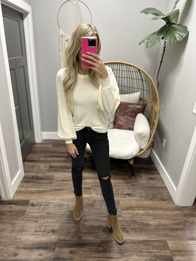 GEMMA IVORY POINTELLE SLEEVE SWEATER TOP