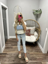 RAQUEL CREAM AND BLUE COLORBLOCK SWEATER TOP