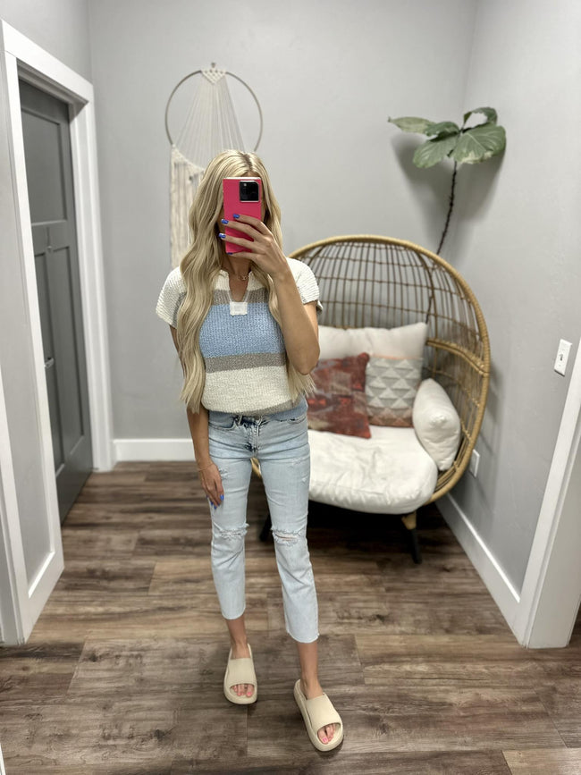 RAQUEL CREAM AND BLUE COLORBLOCK SWEATER TOP