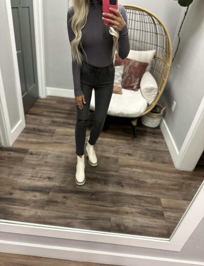 SLATE GREY MOCK NECK RIBBED LONG SLEEVE