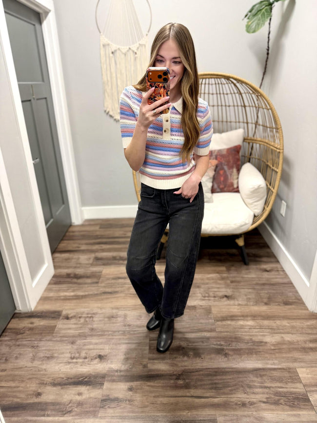 TRACIE UNICORN STRIPE HENLEY KNIT SWEATER TOP