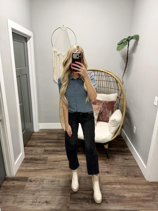 BLUE FOG RUFFLED SLEEVE COLLARED BLOUSE TOP