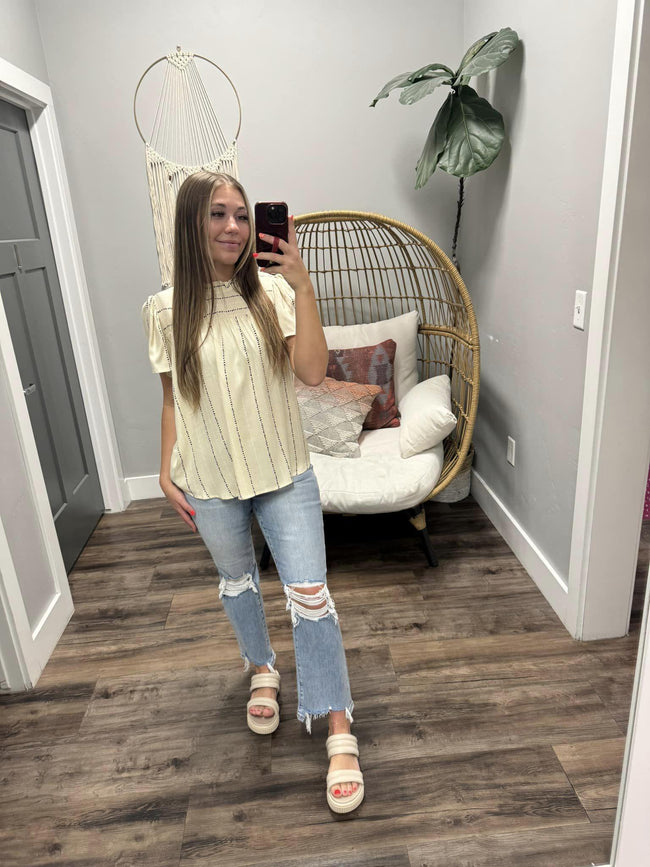 CREAM SUE DOTTED DETAIL FLUTTER SLEEVE BLOUSE