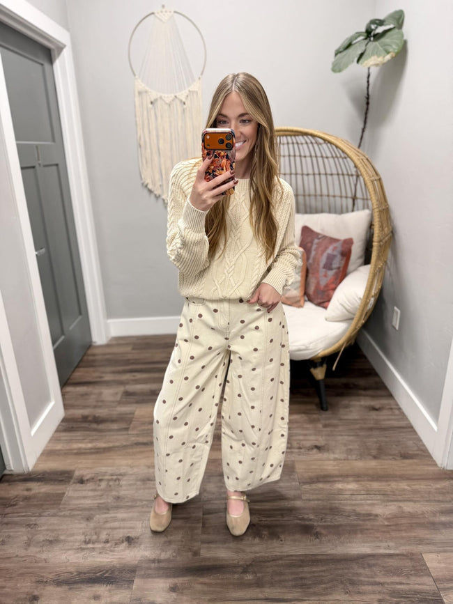 EMMY BROWN POLKA DOT PRINTED BARREL JEANS