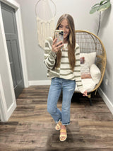 CELINE IVORY AND OLIVE STRIPE COLORBLOCK SWEATER TOP