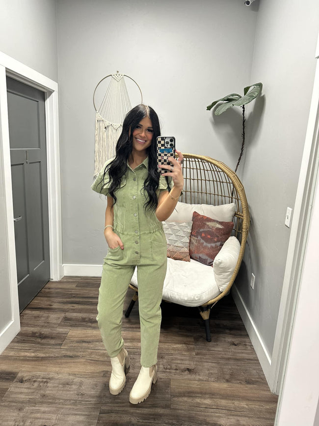 KARA SAGE BUTTON FRONT JUMPSUIT