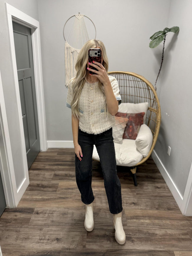 CHANEL TWEED DENIM CUFF BUTTON UP BLOUSE TOP