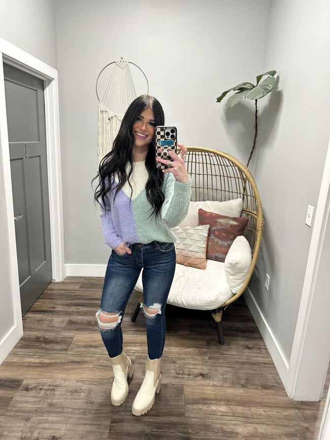 ALICIA MINT AND LAVENDER COLORBLOCK SWEATER TOP