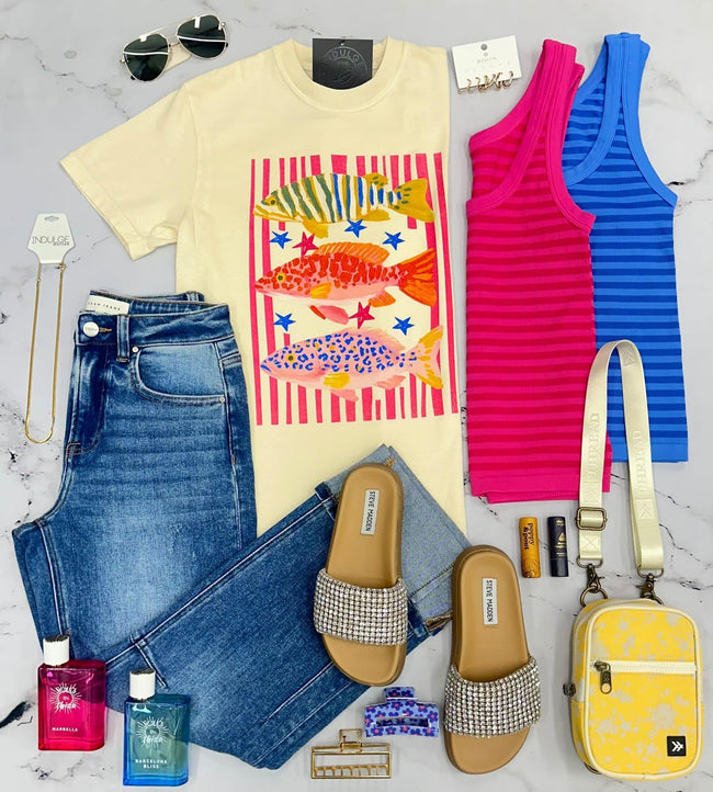 CREAM STRIPE PREPPY FISH GRAPHIC TEE