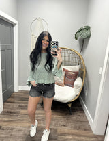 ALEXIS MINT KNIT SCALLOP RUFFLE BOTTOM SWEATER TOP