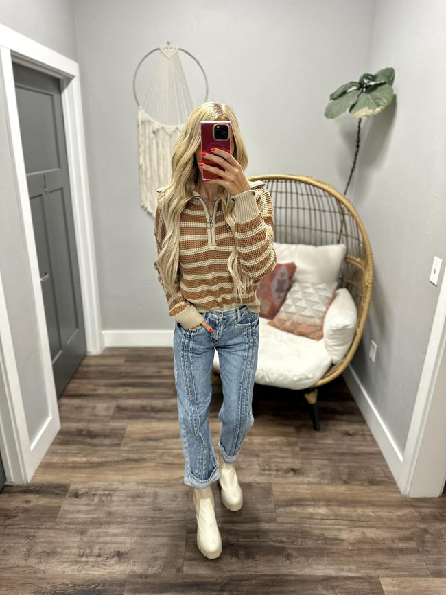 KELLIE RUST AND TAUPE ZIPPER FRONT SWEATER TOP