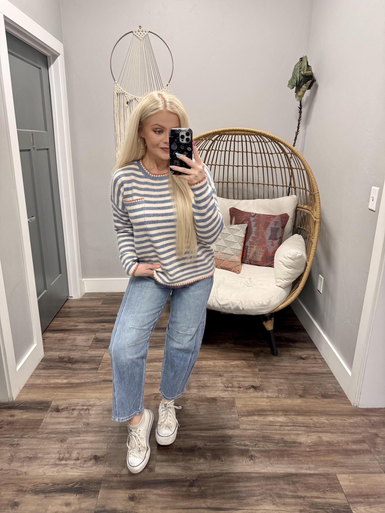 LINDA DENIM BLUE STRIPE TRIM POCKET SWEATER TOP