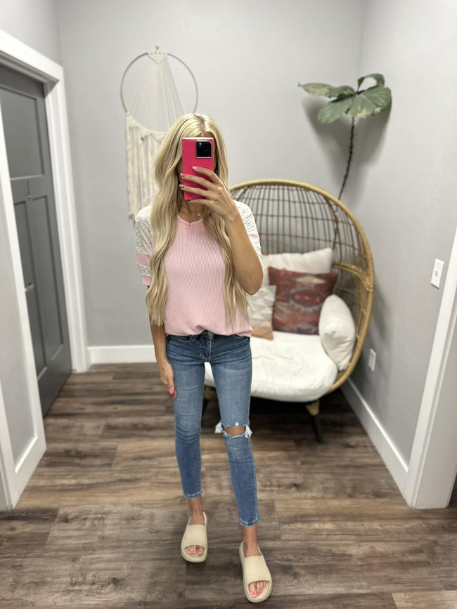 LIV PINK RIBBED LACE SHORT SLEEVE CONTRAST TOP