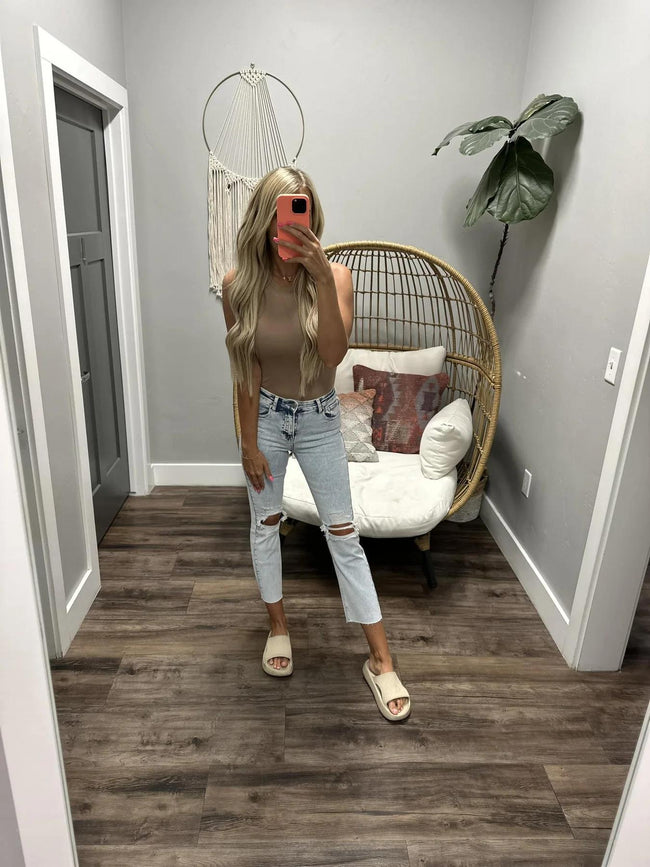 TAUPE FULL LENGTH WHO AM I SMOOTH TANK TOP