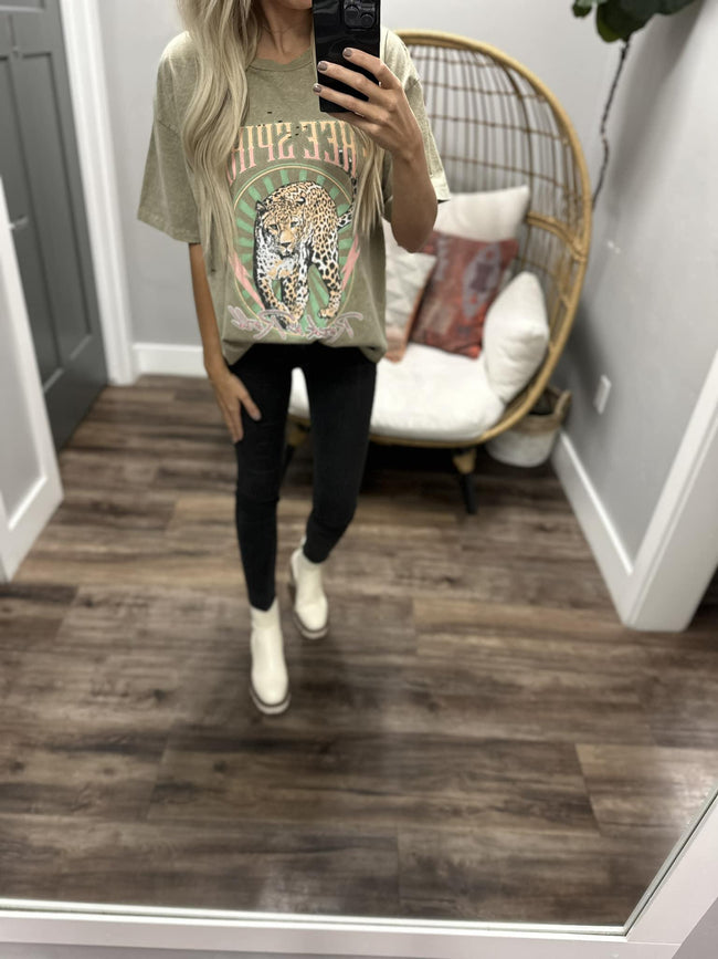 TAUPE WASHED LEOPARD FREE SPIRIT DISTRESSED OVERSIZED TEE