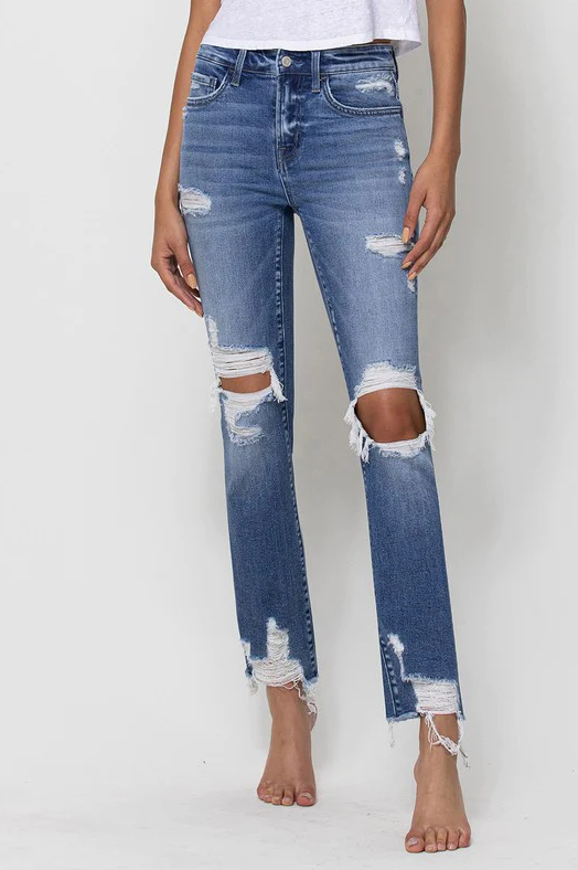 SLEEP AND DANCE DISTRESSED MID RISE DENIM