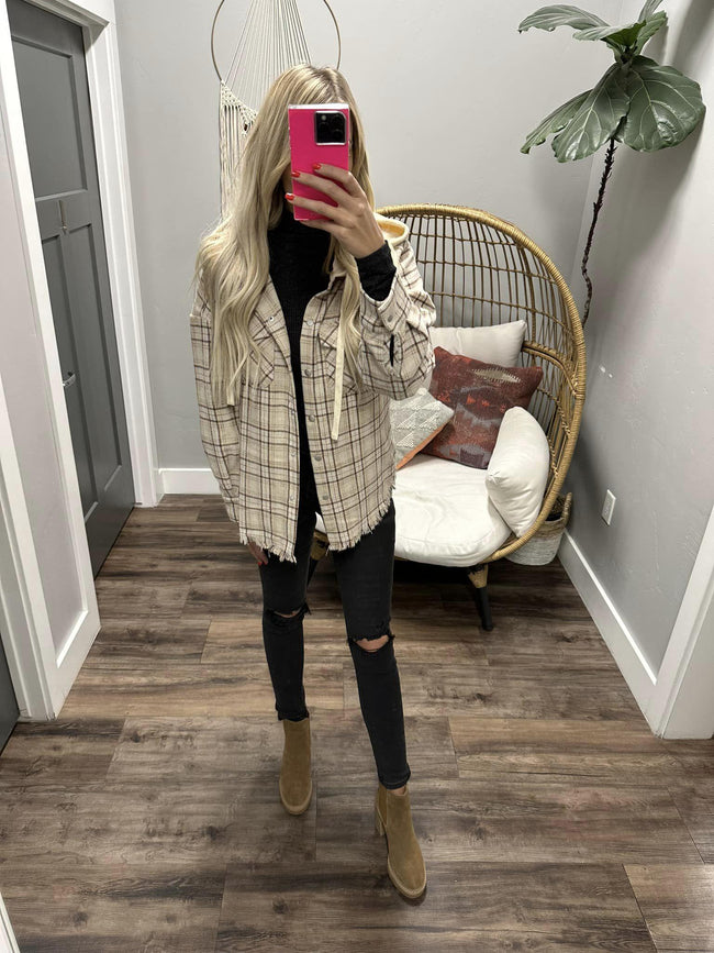 FELICIA BEIGE PLAID HOODED FRAY BOTTOM SHACKET