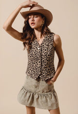 CARLIE LEOPARD BUTTON UP DENIM VEST