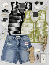TESS BLACK STRIPE KNIT TIE FRONT SWEATER VEST
