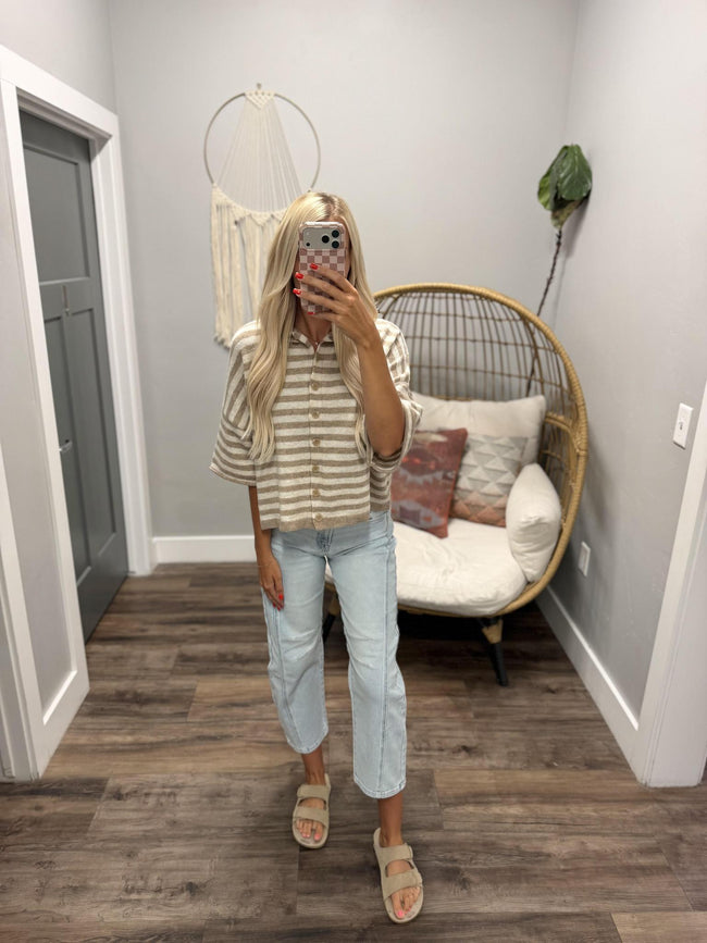 CASSANDRA NEUTRAL STRIPE BUTTON UP CARDIGAN TOP