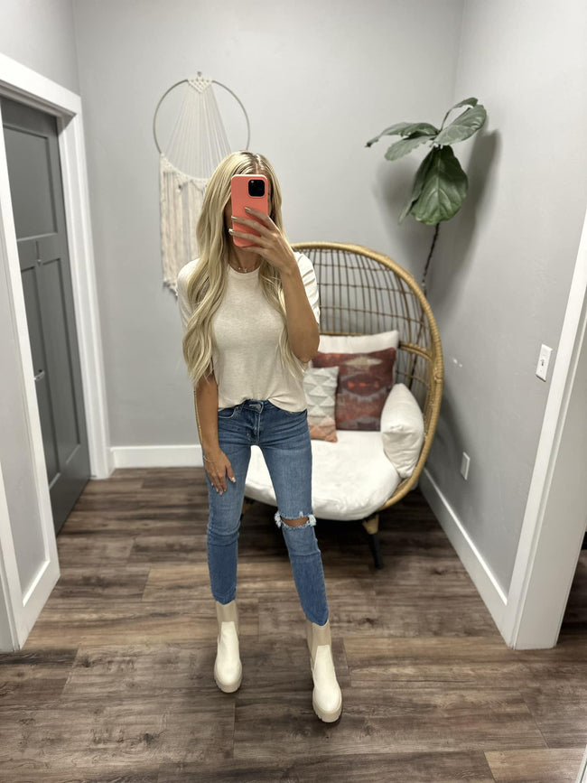 ON THE CLOCK OATMEAL SHORT SLEEVE SWEATER TOP