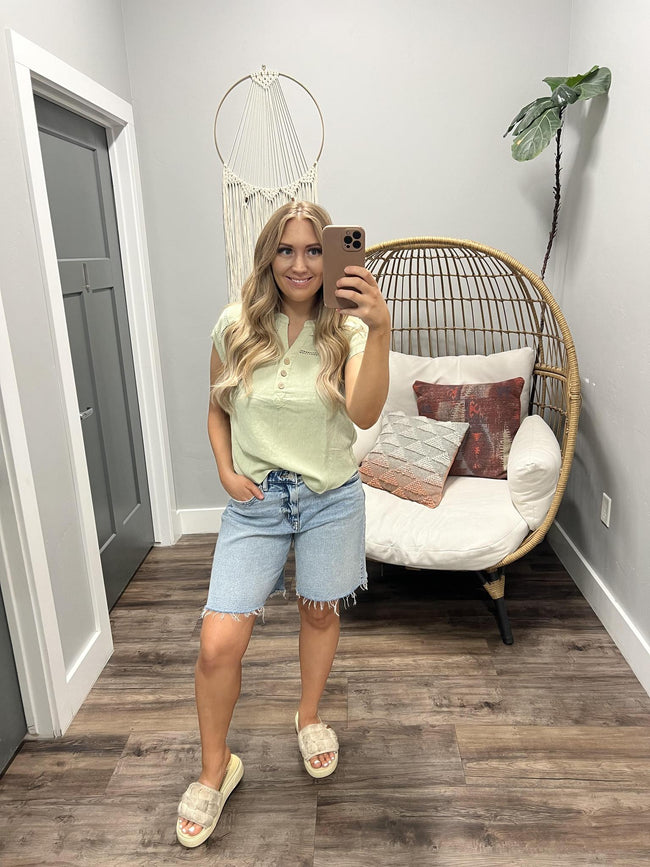 LINDA SAGE BUTTON UP HENLEY DETAIL BLOUSE