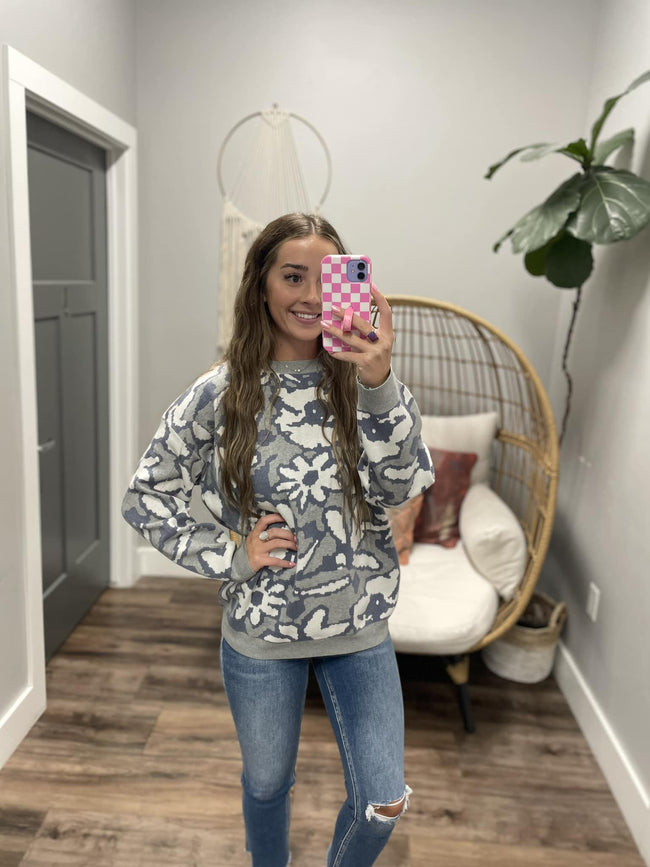 STACY HEATHER GREY FLORAL SWEATER TOP
