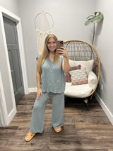 HARPER DUSTY BLUE TEXTURED 2 PIECE SHORT SLEEVE CARDIGAN PANT SET