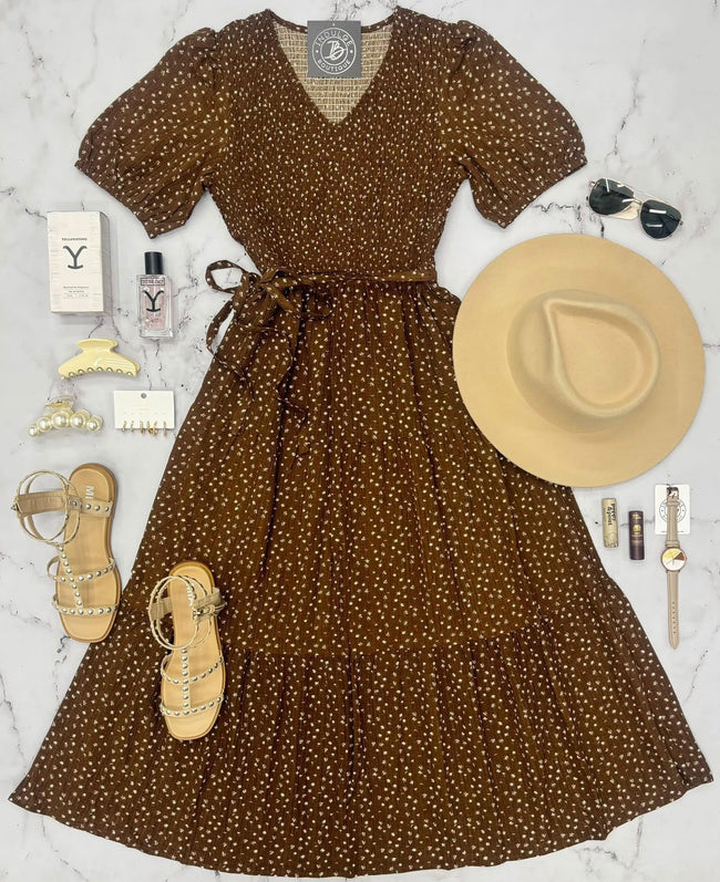 ELOISE CHOCOLATE DITSY FLORAL SMOCKED DRESS