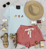 SAVANNA BLUE RIBBED EMBROIDERED COASTAL TEE