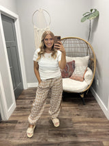 TIMMI TAUPE PLAID TIE SIDE PANTS