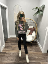 MINERAL WASH CHARCOAL ROCK N ROLL LIPS CREW SWEATSHIRT