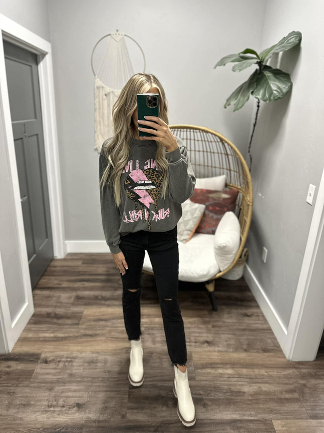 MINERAL WASH CHARCOAL ROCK N ROLL LIPS CREW SWEATSHIRT