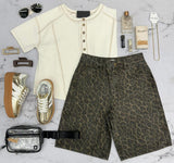 CINDY LEOPARD BARREL DENIM SHORTS