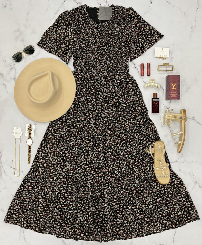 JULIET BLACK FLORAL MIDI DRESS